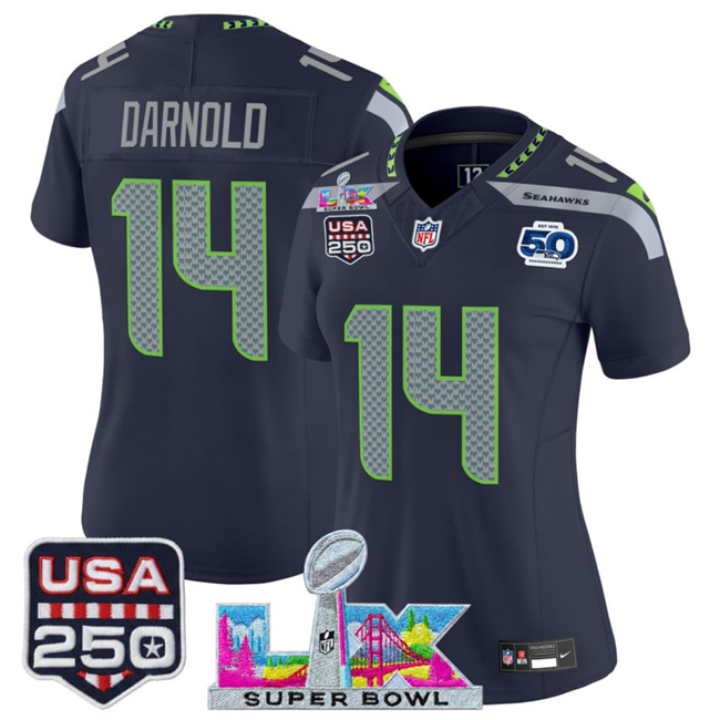 Women's Seattle Seahawks #14 Sam Darnold Navy 2025 F.U.S.E. Super Bowl LX Patch And 50th Season & USA 250' Patch Vapor Limited Football Stitched Jersey(Run Small)